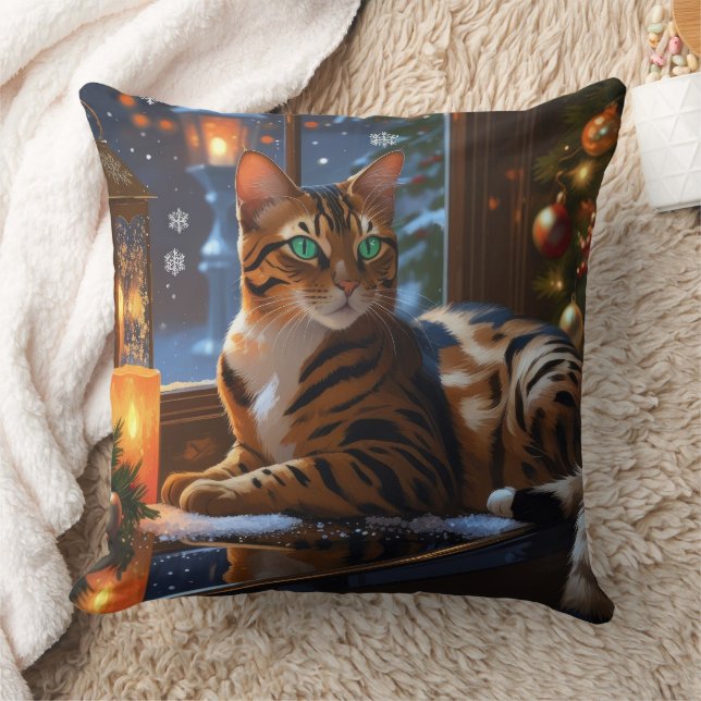 Bengal Cat With Christmas Lights Holiday Cushion (Blanket)