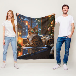 Bengal Cat With Christmas Lights Holiday Fleece Blanket