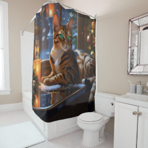 Bengal Cat With Christmas Lights Holiday Shower Curtain