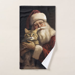 Bengal Cat with Santa Claus Festive Christmas Bath Towel Set
