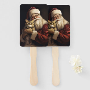 Bengal Cat with Santa Claus Festive Christmas Hand Fan