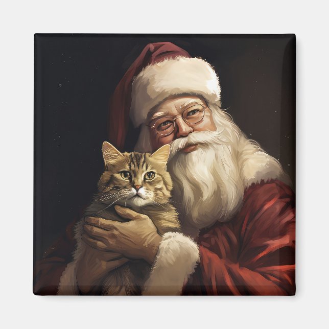 Bengal Cat with Santa Claus Festive Christmas Magnet (Front)