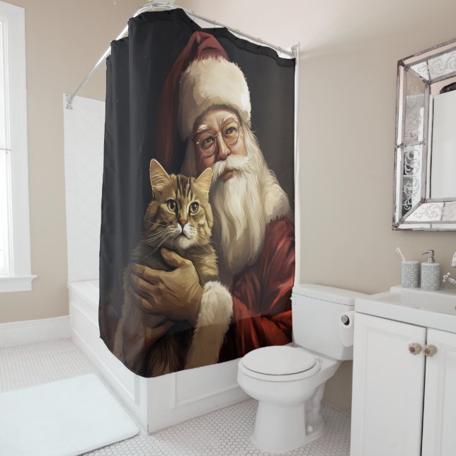 Bengal Cat with Santa Claus Festive Christmas Shower Curtain (In Situ)