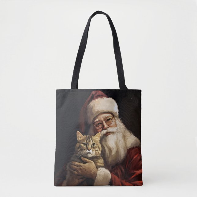 Bengal Cat with Santa Claus Festive Christmas Tote Bag (Front)