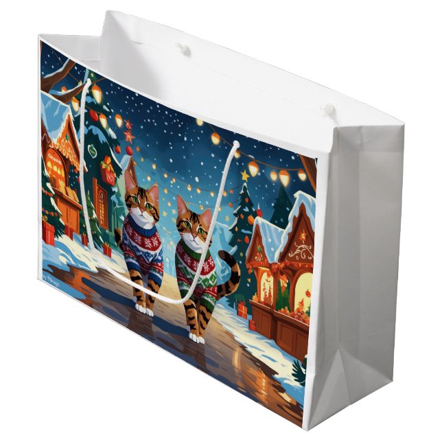 Bengal Cats Christmas Snow Holiday Large Gift Bag (Front Angled)