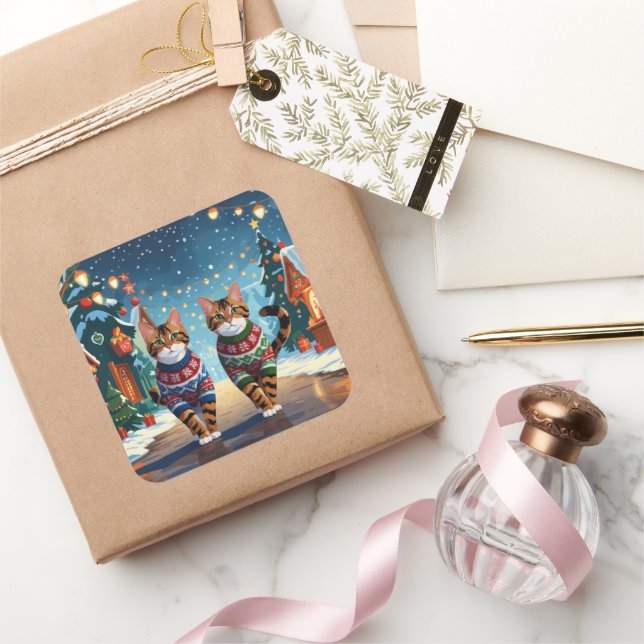 Bengal Cats Christmas Snow Holiday Square Sticker (Gifting)