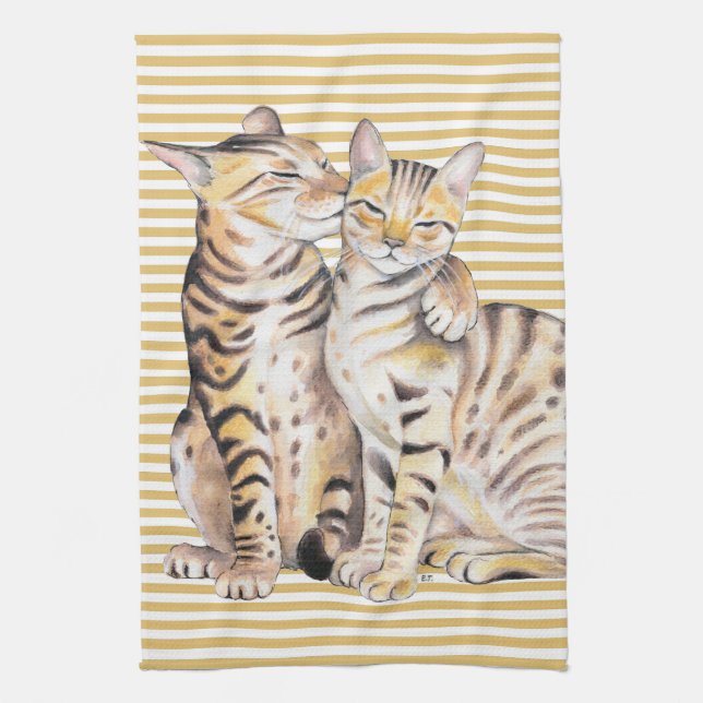 Bengal Cats Ochre Stripes Tea Towel (Vertical)