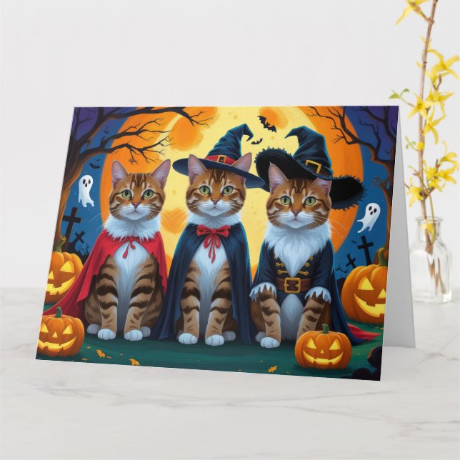 Bengal Cats Pumpkin Halloween Funny Card (Yellow Flower)