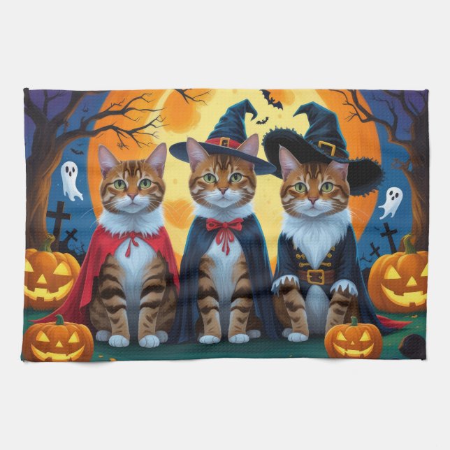 Bengal Cats Pumpkin Halloween Funny Tea Towel (Horizontal)