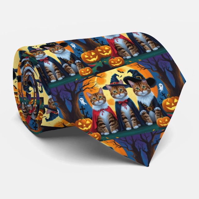 Bengal Cats Pumpkin Halloween Funny Tie (Rolled)