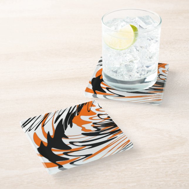 Bengal Colors Squiggly Orange and Black Lines Glass Coaster (Angled)
