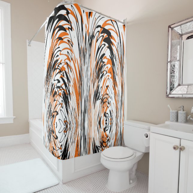 Bengal Colours Squiggly Orange and Black Lines Shower Curtain (In Situ)