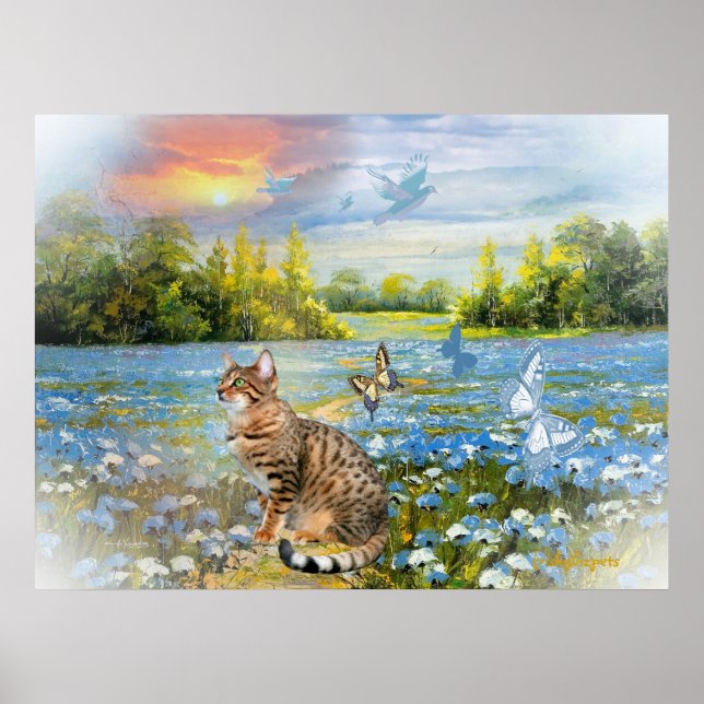 Bengal in bed of blue flowers Print (Front)