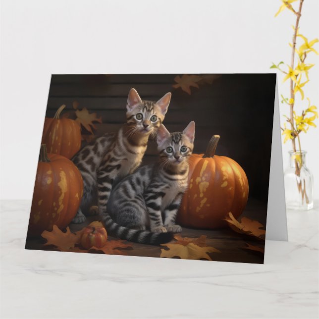 Bengal Kitten Autumn Delight Pumpkin  Card (Yellow Flower)
