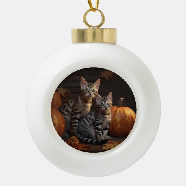 Bengal Kitten Autumn Delight Pumpkin  Ceramic Ball Christmas Ornament (Front)