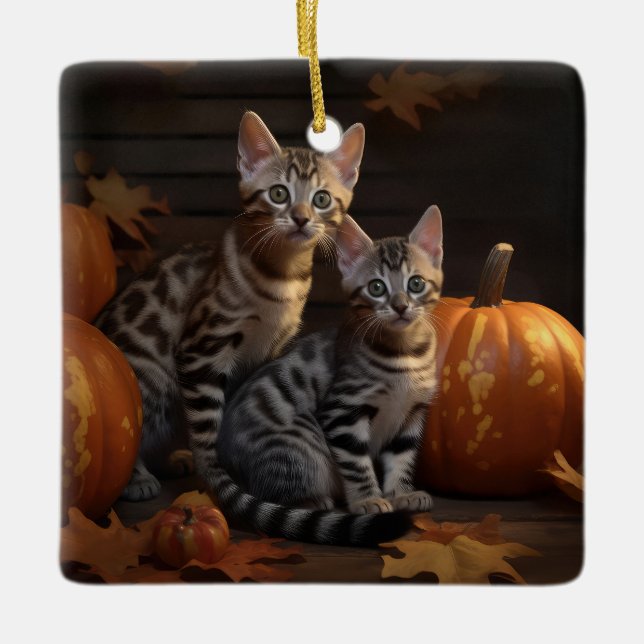 Bengal Kitten Autumn Delight Pumpkin  Ceramic Ornament (Front)