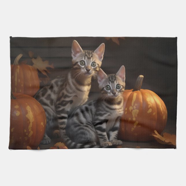 Bengal Kitten Autumn Delight Pumpkin  Tea Towel (Horizontal)