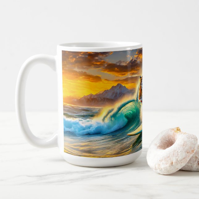 Bengal On A Surfboard Design By Rich AMeN Gill Coffee Mug (With Donut)