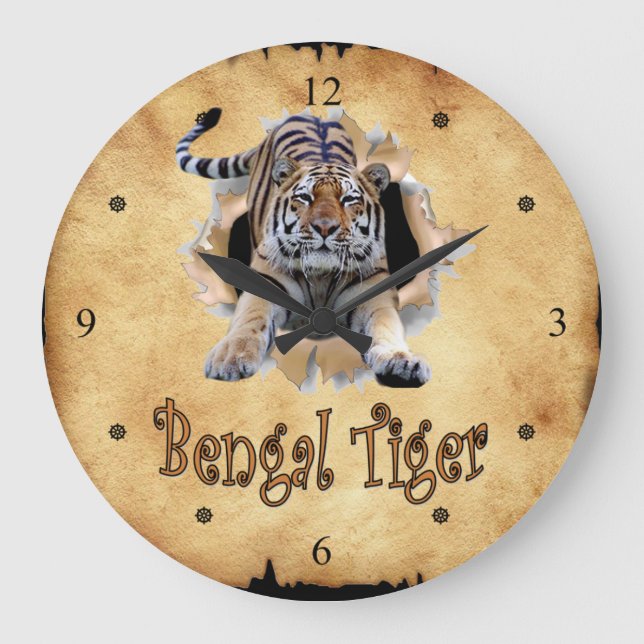 Bengal Tiger Breaks Through Paper Bag Clock! ~ Large Clock (Front)