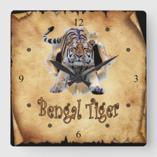 Bengal Tiger Breaks Through Paper Bag Clock! ~ Square Wall Clock
