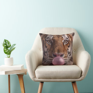 Bengal Tiger Portrait Blowing Pink Bubblegum Cushion