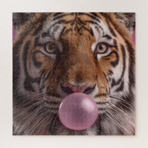 Bengal Tiger Portrait Blowing Pink Bubblegum Jigsaw Puzzle