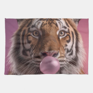 Bengal Tiger Portrait Blowing Pink Bubblegum Tea Towel