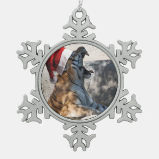 Bengal Tiger Santa Claus Snowflake Pewter Christmas Ornament