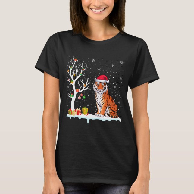 Bengal Tiger Santa Hat Festive Tree Light Christma T-Shirt (Front)
