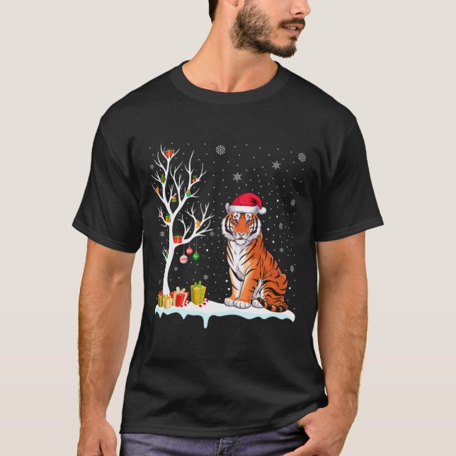 Bengal Tiger Santa Hat Festive Tree Light Christma T-Shirt (Front)