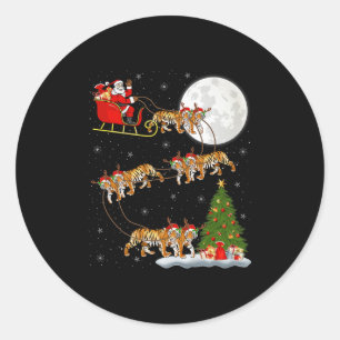 Bengal Tiger Santa Sleigh Flying Funny Magical Chr Classic Round Sticker