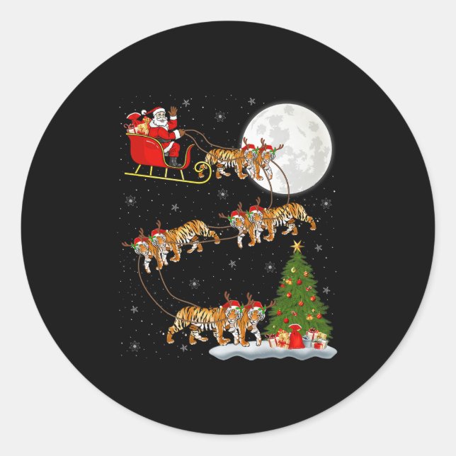 Bengal Tiger Santa Sleigh Flying Funny Magical Chr Classic Round Sticker (Front)