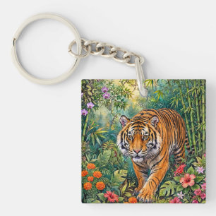 Bengal Tiger Vibrant Bamboo Jungle Key Ring