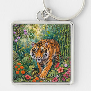 Bengal Tiger Vibrant Bamboo Jungle Key Ring