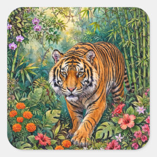 Bengal Tiger Vibrant Bamboo Jungle Square Sticker