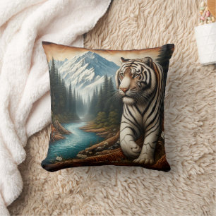 Bengal Tiger Walking by Mountain River at Dusk Cushion
