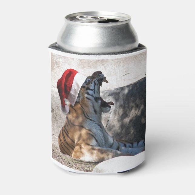 Bengal Tiger wearing a Santa Hat for Christmas Can Cooler (Can Back)