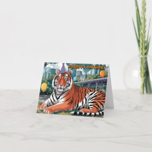 bengal tiger wearing birthday hat laying down card