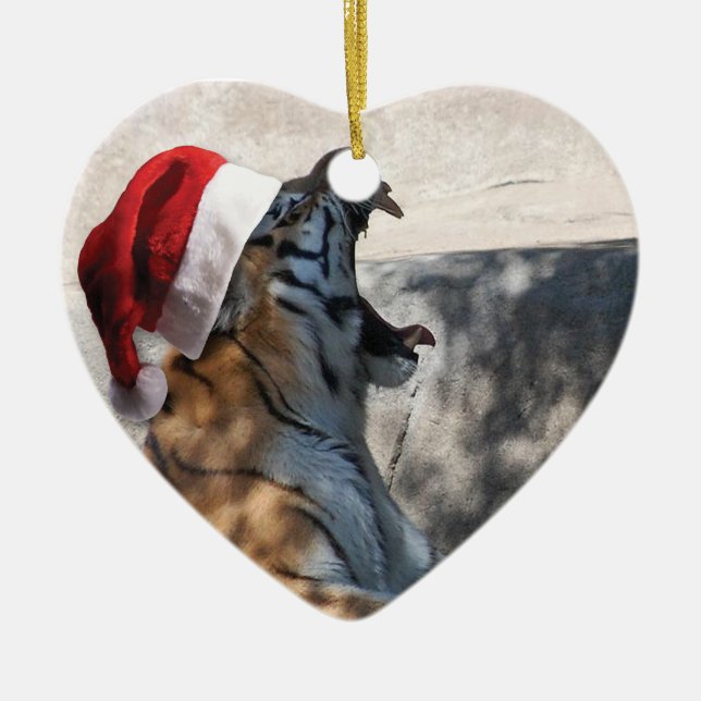 Bengal Tiger wearing Santa Claus Hat Ceramic Tree Decoration (Front)