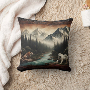 Bengal Tigers in Majestic Mountain Landscape Cushion