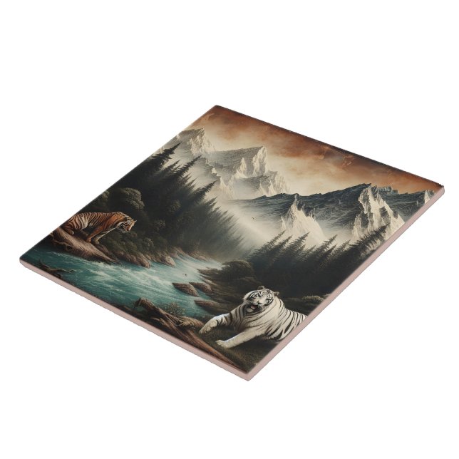 Bengal Tigers in Majestic Mountain Landscape Tile (Side)