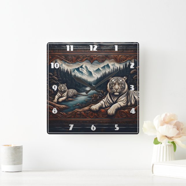 Bengal Tigers in Serene Mountains Square Wall Clock (Home)