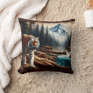Bengal Tigers Near Mountain Stream at Dawn Cushion