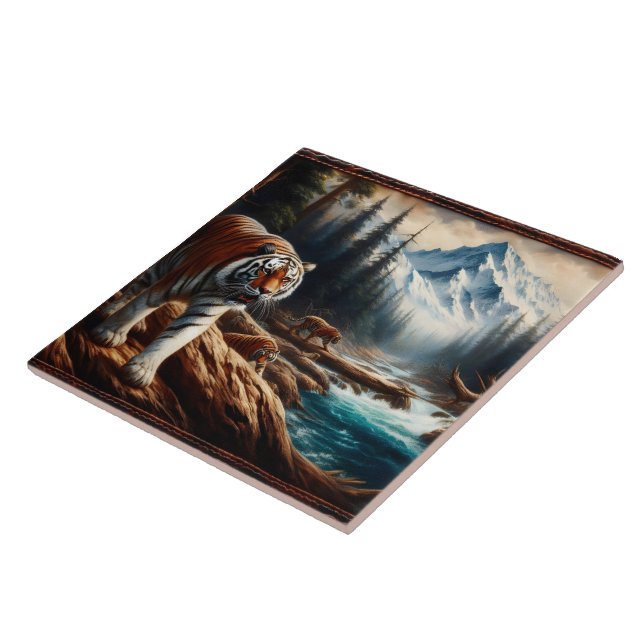 Bengal Tigers Near Mountain Stream at Dawn Tile (Side)