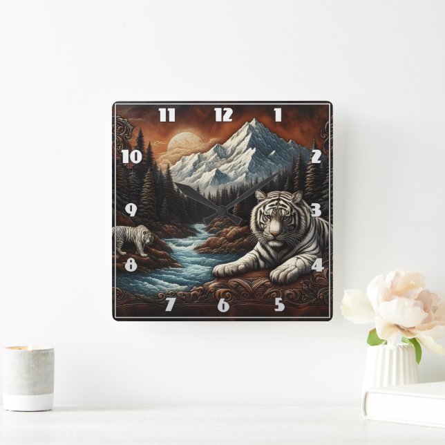 Bengal Tigers Relaxing by a Serene Mountain Stream Square Wall Clock (Home)