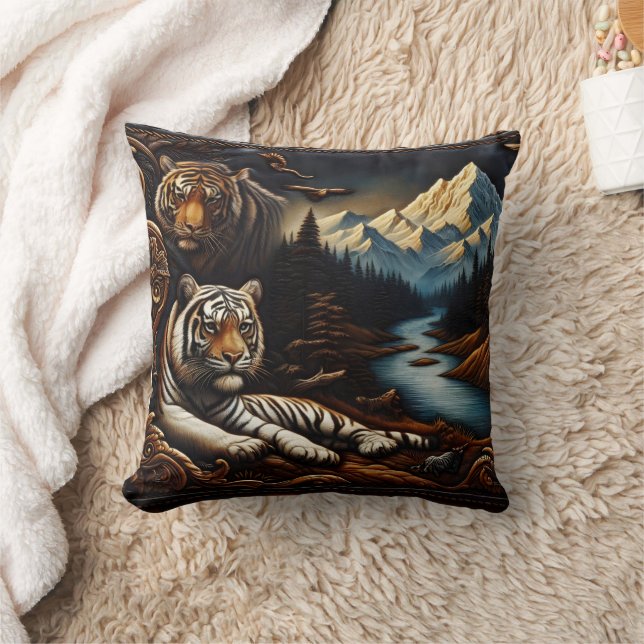 Bengal Tigers Resting Near Serene Mountain River Cushion (Blanket)
