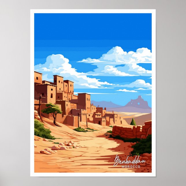 Benhaddau Morocco Vintage travel illustration Poster (Front)