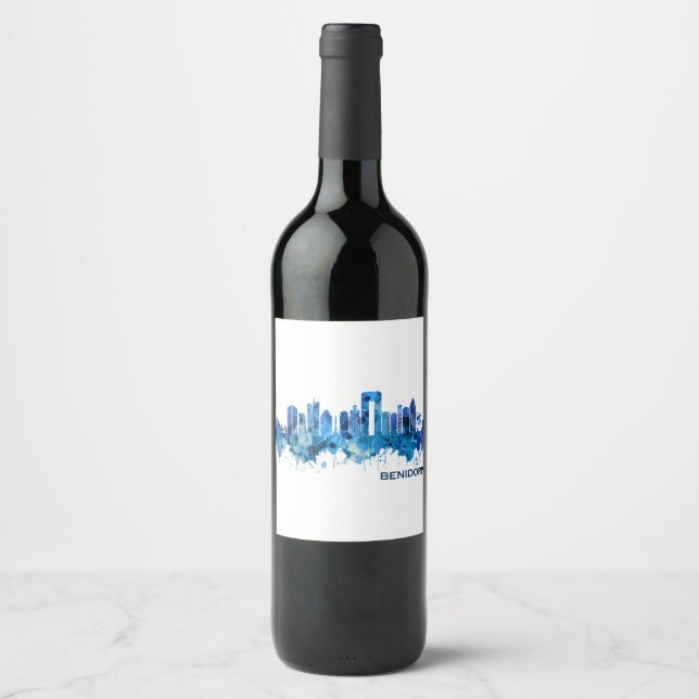 Benidorm Spain Skyline Blue Wine Label (Front)