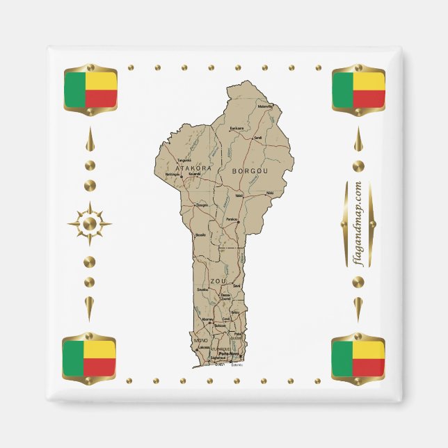 Benin Map + Flags Magnet (Front)