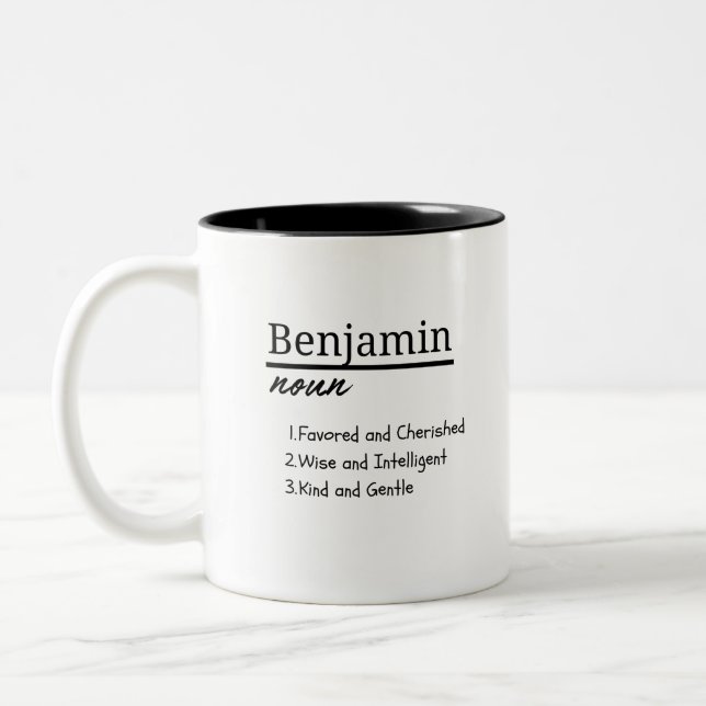 Benjamin, Boy Personalised Name Definition Two-Tone Coffee Mug (Left)